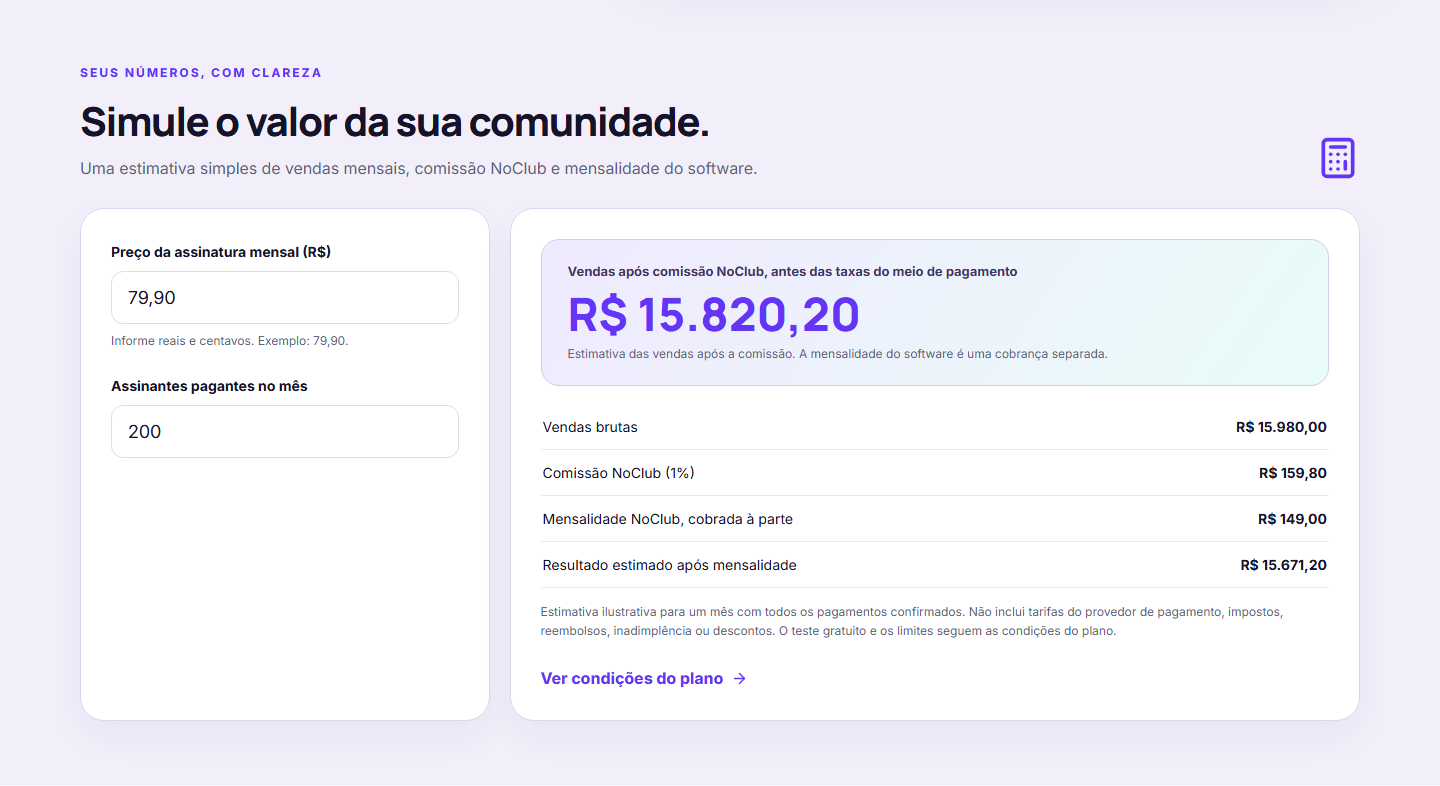 Captura da calculadora da NoClub com preço, assinantes e resultado estimado